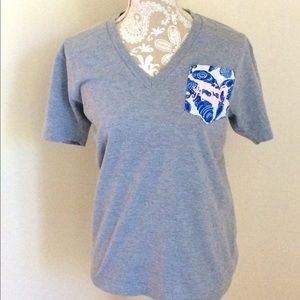 Adorable Alpha Chi Omega Shell Embroidered Pocket Tee - AXO Greek Letters